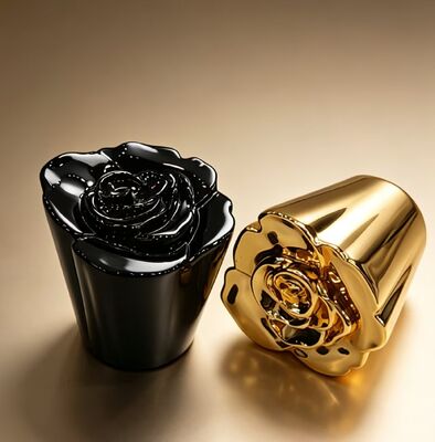 Luxury Rose Sculpted Perfume Cap in Gold & Black Zinc Alloy