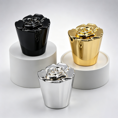 FEA15 Zinc Alloy Perfume Cap 3D Rose Flower Top Tapered Cup‑Shaped Body Electroplated Metal Perfume Bottle Lid Custom Logo OEM ODM Zamac perfume Cap