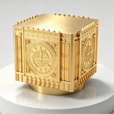Lüks Kare 3D Kabartmalı Saat Kulesi Zamak Parfüm Kapağı, Fırçalanmış Altın Çinko Alaşımlı Koku Şişesi Kapağı, Özel Kazınmış Logo Mimari Metal Parfüm Kapağı